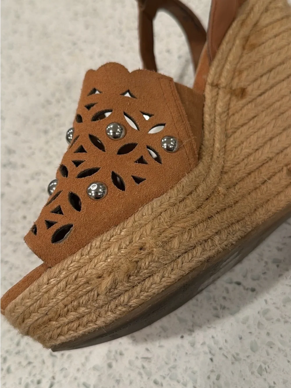 Marc Fisher Orange and Tan Espadrille Wedges with Ankle Strap